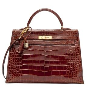 H SHINY CHESTNUT BROWN HSS CROCODILE EMBOSSED SELLIER KELLY 28 BAG PREORDER